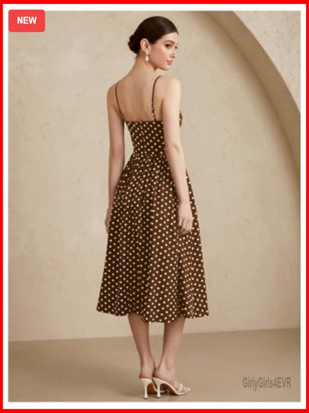 Polka Dot Flared A-Line Midi Dress Spaghetti Strap Vintage Flow - Picture 2 of 6